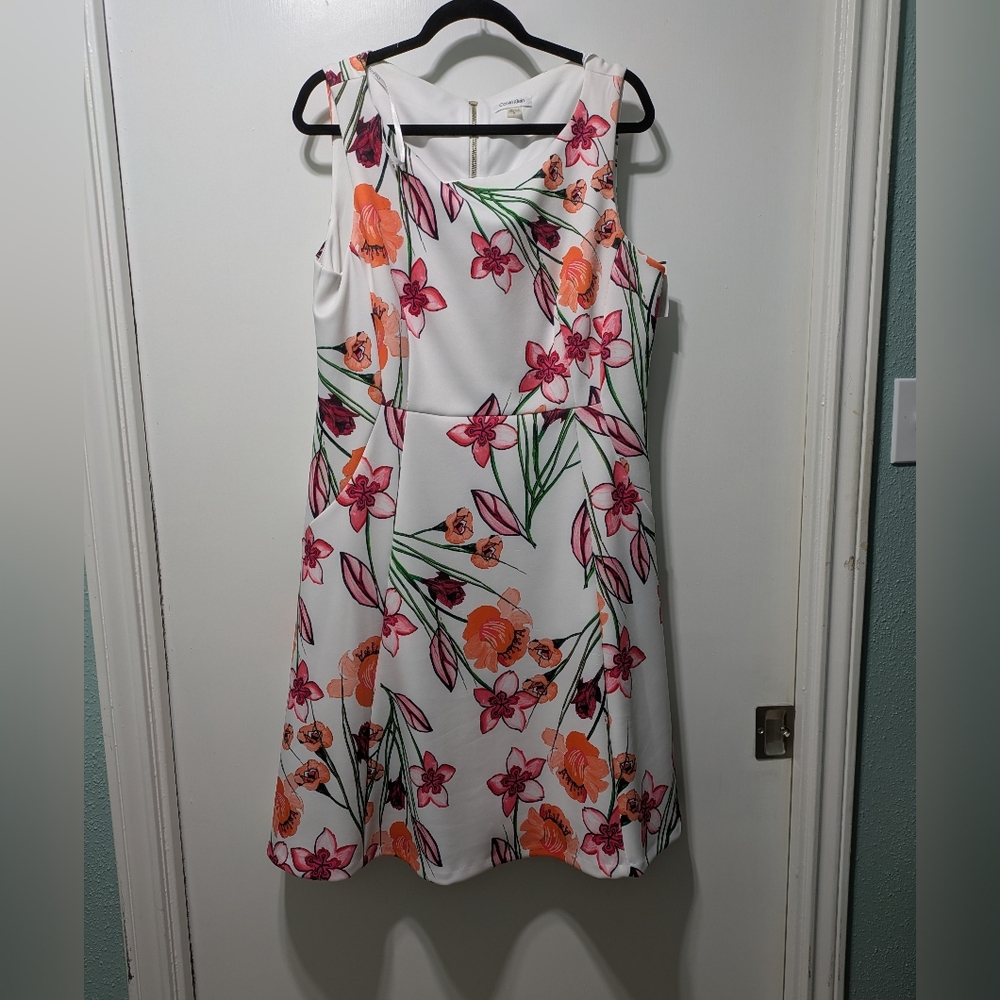 Calvin Klein White and Pink Sleeveless Midi Sundress